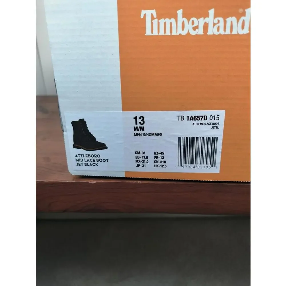 Timberland Men's Attleboro Mid Lace Boots Jet Black Leather‎ Size 13 NIB A657D